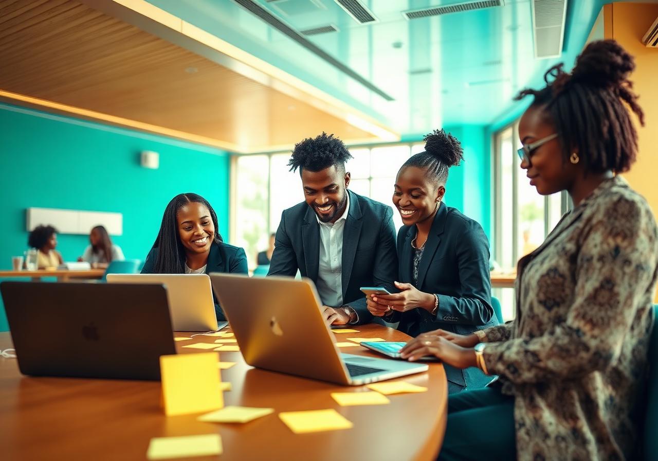 Young Lagos entrepreneurs collaborating in an innovation hub